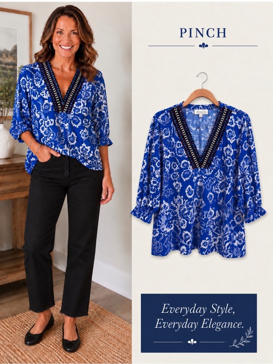 Pinch Tops - Blue & White Floral Embroidered V-Neck Blouse